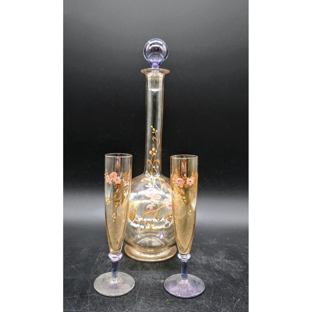 Victorian French Hand Painted Floral Glass Decanter Set Amber Purple Stopper 9"